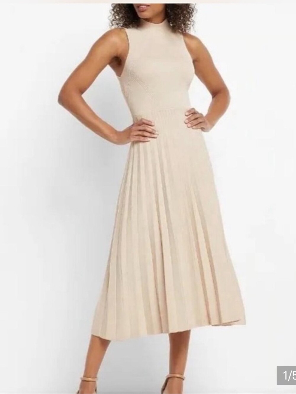 Express Sleeveless Pleated Knit Midi Dress in Beige - Size XL